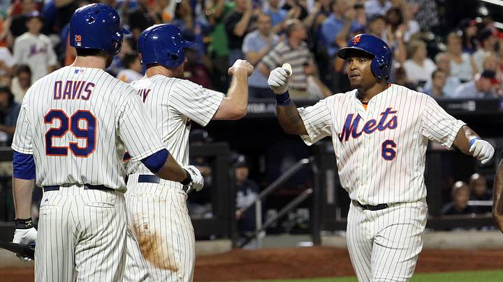 Aug 20, 2013; New York, NY, USA; New York Mets right fielder Marlon Byrd (6) high fives first baseman Daniel Murphy (28) and first baseman Ike Davis (29) after hitting a two-run home run against the Atlanta Braves during the sixth inning of a game at Citi Field. Mandatory Credit: Brad Penner-Imagn Images Aug 20, 2013; New York, NY, USA; New York Mets right fielder Marlon Byrd (6) high fives first baseman Daniel Murphy (28) and first baseman Ike Davis (29) after hitting a two-run home run against the Atlanta Braves during the sixth inning of a game at Citi Field. Mandatory Credit: Brad Penner-Imagn Images