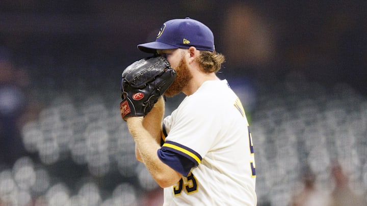 Milwaukee Brewers pitcher Brandon Woodruff (53) looks in to the catcher during the fourth inning against the Miami Marlins at American Family Field in 2023.