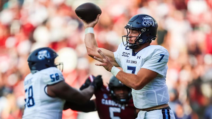 Aug 31, 2024; Columbia, South Carolina, USA; Old Dominion Monarchs quarterback Grant Wilson (7) throws a pass against the Old Dominion Monarchs in the second quarter at Williams-Brice Stadium. Mandatory Credit: Jeff Blake-Imagn Images