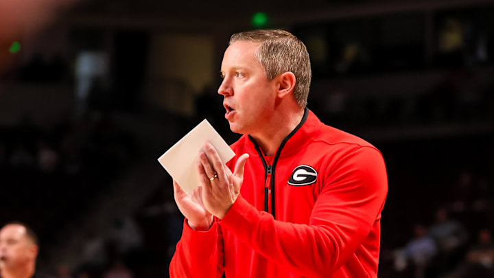 Mar 4, 2025; Columbia, South Carolina, USA; Georgia Bulldogs head coach Mike White directs his team against the South Carolina Gamecocks in the first half at Colonial Life Arena. Mandatory Credit: Jeff Blake-Imagn Images