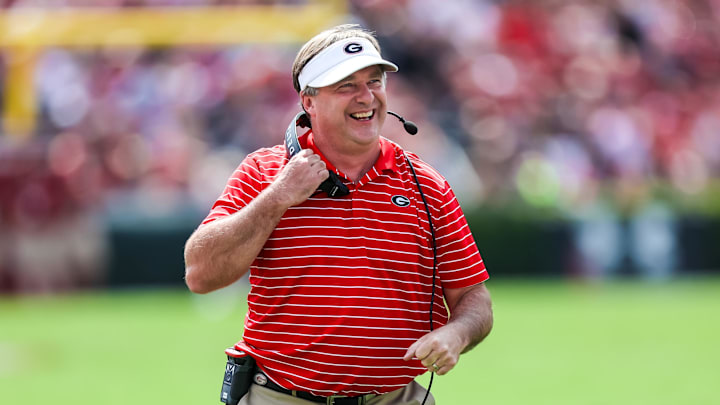 Sep 17, 2022; Columbia, South Carolina, USA; Georgia Bulldogs head coach Kirby Smart reacts to a play against the Georgia Bulldogs in the first quarter at Williams-Brice Stadium. Mandatory Credit: Jeff Blake-Imagn Images