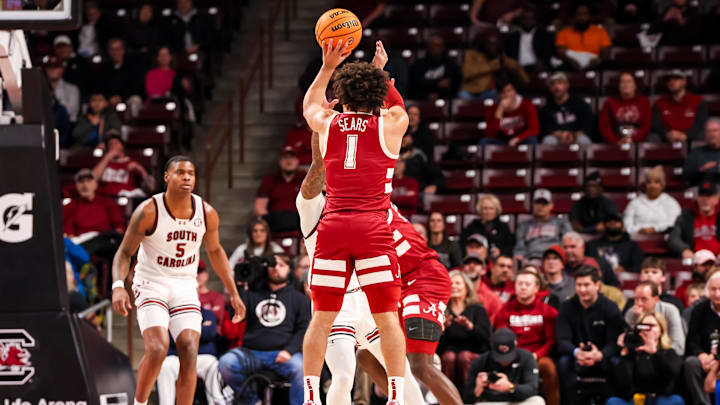 Jan 8, 2025; Columbia, South Carolina, USA; Alabama Crimson Tide guard Mark Sears (1) makes a three point basket against the South Carolina Gamecocks in the first half at Colonial Life Arena. Mandatory Credit: Jeff Blake-Imagn Images