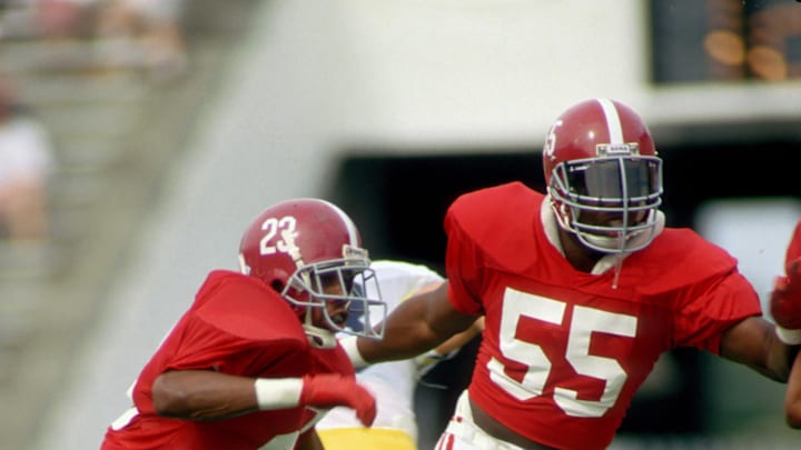 Jan 2, 1988; Tampa, FL, USA; FILE PHOTO; Alabama Crimson Tide linebacker Derrick Thomas (55) in action against the Michigan Wolverines in the 1988 Hall of Fame Bowl at Tampa Stadium. Michigan defeated Alabama 28-24.  Mandatory Credit: Photo By Imagn Images