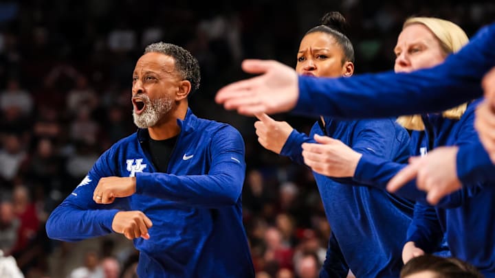 Mar 2, 2025; Columbia, South Carolina, USA; Kentucky Wildcats head coach Kenny Brooks disputes a call against the South Carolina Gamecocks in the first half at Colonial Life Arena. Mandatory Credit: Jeff Blake-Imagn Images