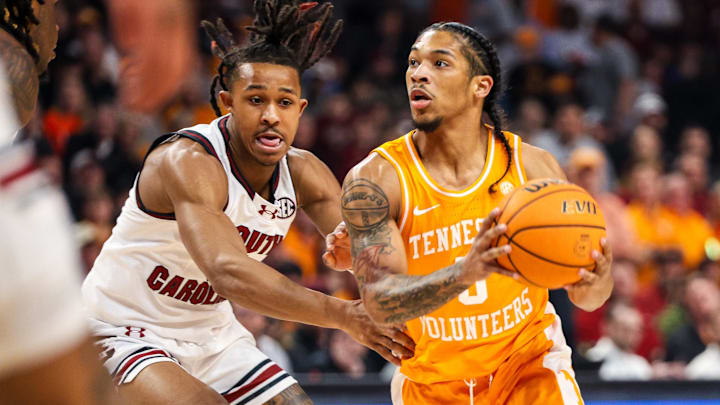 Mar 6, 2024; Columbia, South Carolina, USA; Tennessee Volunteers forward Jonas Aidoo (0) drives past