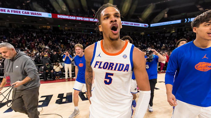 Jan 22, 2025; Columbia, South Carolina, USA; Florida Gators guard Will Richard (5) celebrates following their win over the South Carolina Gamecocks at Colonial Life Arena. Mandatory Credit: Jeff Blake-Imagn Images