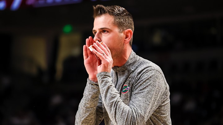 Jan 28, 2026; Columbia, South Carolina, USA; Florida Gators head coach Todd Golden directs his team against the South Carolina Gamecocks in the first half at Colonial Life Arena. Mandatory Credit: Jeff Blake-Imagn Images