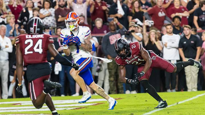 Oct 14, 2023; Columbia, South Carolina, USA; Florida Gators wide receiver Ricky Pearsall (1) makes the game-winning touchdown reception against the South Carolina Gamecocks in the fourth quarter at Williams-Brice Stadium. Mandatory Credit: Jeff Blake-Imagn Images Oct 14, 2023; Columbia, South Carolina, USA; Florida Gators wide receiver Ricky Pearsall (1) makes the game-winning touchdown reception against the South Carolina Gamecocks in the fourth quarter at Williams-Brice Stadium. Mandatory Credit: Jeff Blake-Imagn Images