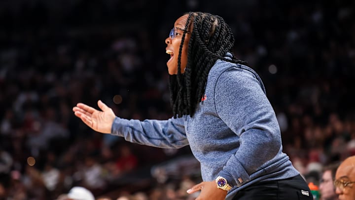 Feb 22, 2026; Columbia, South Carolina, USA; Mississippi Rebels head coach Yolett McPhee-McCuin directs her team against the South Carolina Gamecocks in the first half at Colonial Life Arena. Mandatory Credit: Jeff Blake-Imagn Images