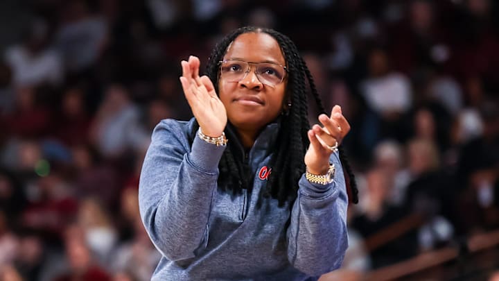 Feb 22, 2026; Columbia, South Carolina, USA; Mississippi Rebels head coach Yolett McPhee-McCuin leads her team against the South Carolina Gamecocks in the first half at Colonial Life Arena. Mandatory Credit: Jeff Blake-Imagn Images Feb 22, 2026; Columbia, South Carolina, USA; Mississippi Rebels head coach Yolett McPhee-McCuin leads her team against the South Carolina Gamecocks in the first half at Colonial Life Arena. Mandatory Credit: Jeff Blake-Imagn Images