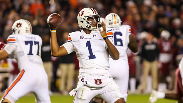 Nov 20, 2021; Columbia, South Carolina, USA; Auburn Tigers quarterback TJ Finley (1) passes against the South Carolina Gamecocks in the third quarter at Williams-Brice Stadium. Mandatory Credit: Jeff Blake-Imagn Images Nov 20, 2021; Columbia, South Carolina, USA; Auburn Tigers quarterback TJ Finley (1) passes against the South Carolina Gamecocks in the third quarter at Williams-Brice Stadium. Mandatory Credit: Jeff Blake-Imagn Images