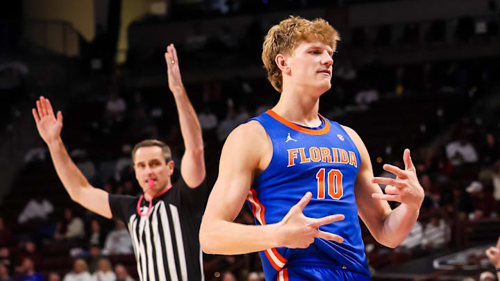 Jan 28, 2026; Columbia, South Carolina, USA; Florida Gators forward Thomas Haugh (10) celebrates a three point basket against the South Carolina Gamecocks in the second half at Colonial Life Arena. Mandatory Credit: Jeff Blake-Imagn Images Jan 28, 2026; Columbia, South Carolina, USA; Florida Gators forward Thomas Haugh (10) celebrates a three point basket against the South Carolina Gamecocks in the second half at Colonial Life Arena. Mandatory Credit: Jeff Blake-Imagn Images