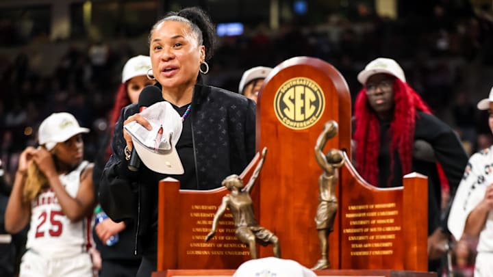 South Carolina basketball coach Dawn Staley with the SEC Championship trophy