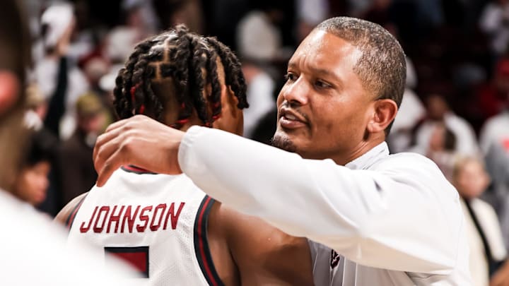 South Carolina basketball coach Lamont Paris with guard Meechie Johnson