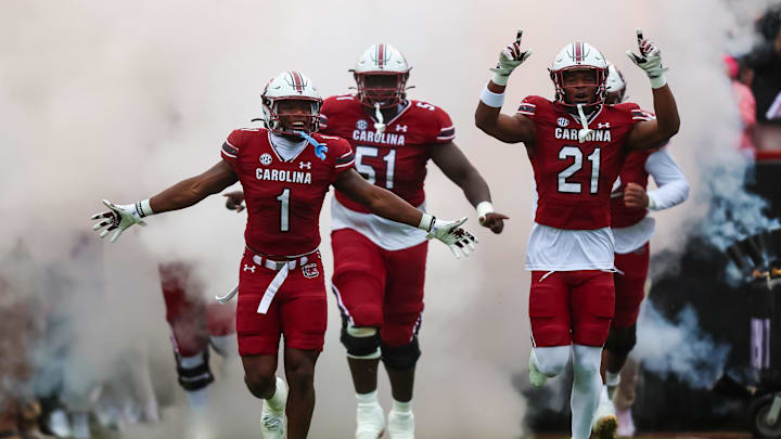South Carolina football safeties DQ Smith (1) and Nick Emmanwori (21) 
