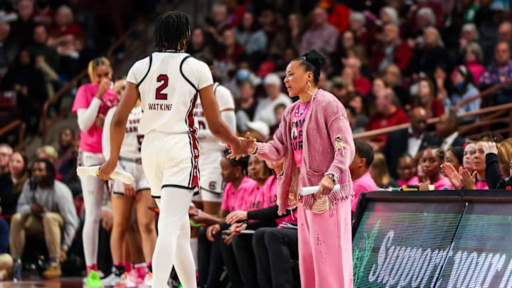 South Carolina basketball coach Dawn Staley with forward Ashlyn Watkins