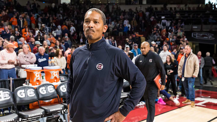 Jan 11, 2025; Columbia, South Carolina, USA; South Carolina Gamecocks head coach Lamont Paris reacts after losing to the Auburn Tigers at Colonial Life Arena. Mandatory Credit: Jeff Blake-Imagn Images