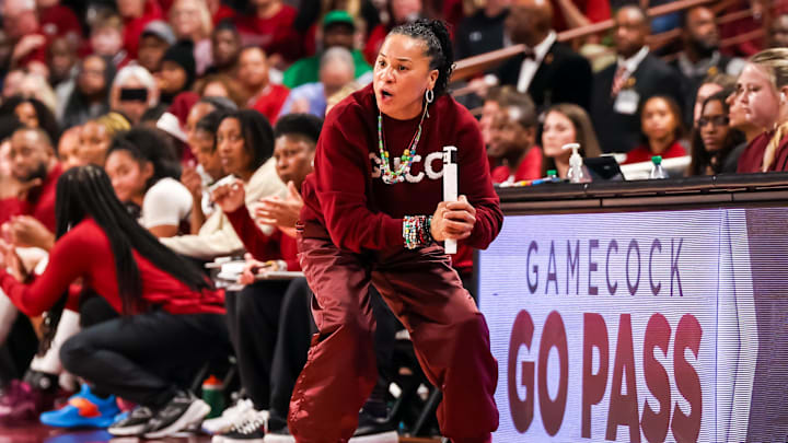 Jan 24, 2025; Columbia, South Carolina, USA; South Carolina Gamecocks head coach Dawn Staley directs her team against the LSU Lady Tigers in the first half at Colonial Life Arena. Mandatory Credit: Jeff Blake-Imagn Images