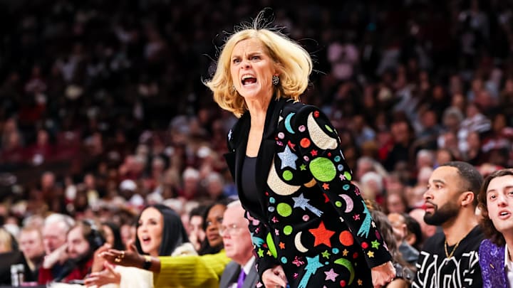 Jan 24, 2025; Columbia, South Carolina, USA; LSU Lady Tigers head coach Kim Mulkey reacts to a play against the South Carolina Gamecocks in the second half at Colonial Life Arena. Mandatory Credit: Jeff Blake-Imagn Images