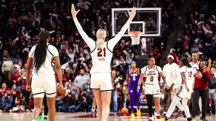 Jan 24, 2025; Columbia, South Carolina, USA; South Carolina Gamecocks forward Chloe Kitts (21) celebrates a play against the LSU Lady Tigers in the second half at Colonial Life Arena. Mandatory Credit: Jeff Blake-Imagn Images