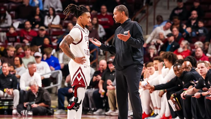 Jan 25, 2025; Columbia, South Carolina, USA; South Carolina Gamecocks head coach Lamont Paris speaks with guard Jamarii Thomas (6) in the first half at Colonial Life Arena. Mandatory Credit: Jeff Blake-Imagn Images