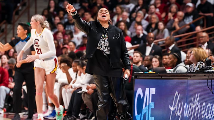 Feb 16, 2025; Columbia, South Carolina, USA; South Carolina Gamecocks head coach Dawn Staley directs her team against the UConn Huskies in the first half at Colonial Life Arena. Mandatory Credit: Jeff Blake-Imagn Images