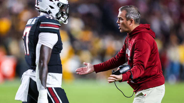 Nov 16, 2024; Columbia, South Carolina, USA; South Carolina Gamecocks head coach Shane Beamer directs his team against the Missouri Tigers in the second half at Williams-Brice Stadium. Mandatory Credit: Jeff Blake-Imagn Images