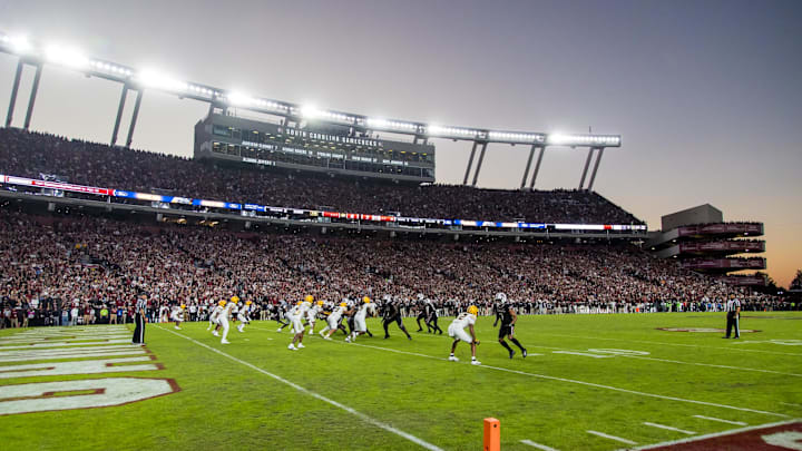 Nov 16, 2024; Columbia, South Carolina, USA; The Missouri Tigers play the South Carolina Gamecocks in the second half at Williams-Brice Stadium. Mandatory Credit: Jeff Blake-Imagn Images