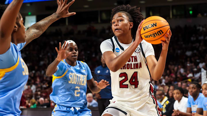 Mar 21, 2026; Columbia, South Carolina, USA; South Carolina Gamecocks guard Ayla McDowell (24) drives against the Southern Jaguars in the first half at Colonial Life Arena. Mandatory Credit: Jeff Blake-Imagn Images