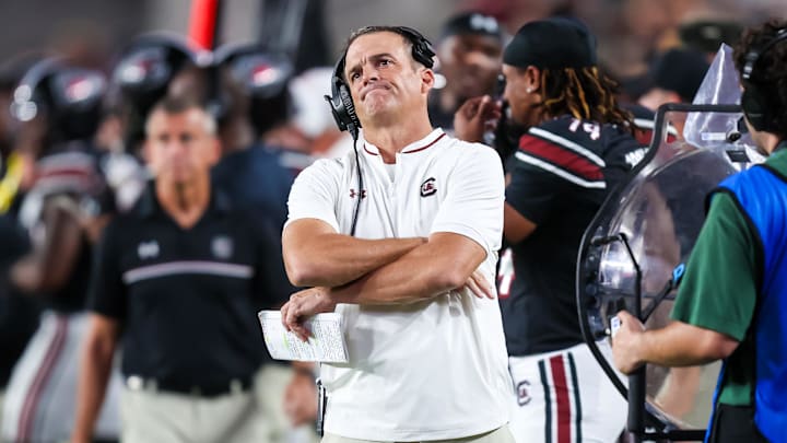 Sep 27, 2025; Columbia, South Carolina, USA; South Carolina Gamecocks head coach Shane Beamer directs his team against the Kentucky Wildcats in the second half at Williams-Brice Stadium. Mandatory Credit: Jeff Blake-Imagn Images