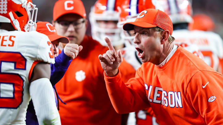 Nov 25, 2023; Columbia, South Carolina, USA; Clemson Tigers head coach Dabo Swinney coaches against the Gamecocks.