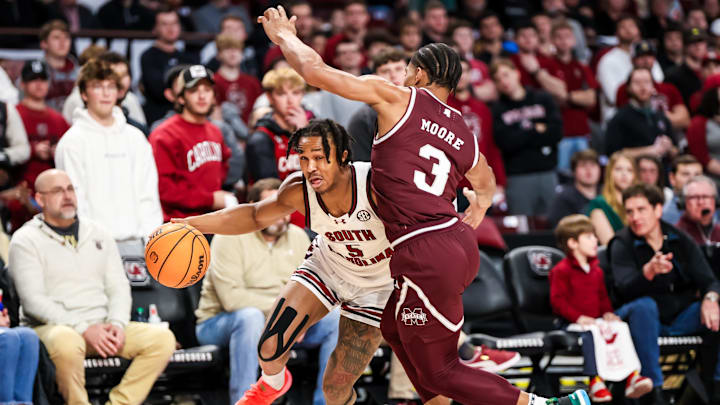 Jan 6, 2024; Columbia, South Carolina, USA; South Carolina Gamecocks guard Meechie Johnson (5)