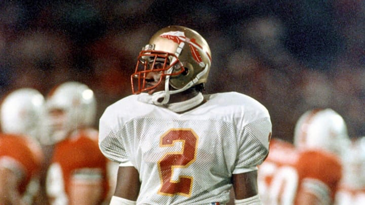 Sep 3, 1988; Miami, FL, USA; FILE PHOTO; Florida State Seminoles cornerback Deion Sanders (2) in action against the Miami Hurricanes at the Orange Bowl. Miami defeated Florida State 31-0. Mandatory Credit: USA TODAY Sports
