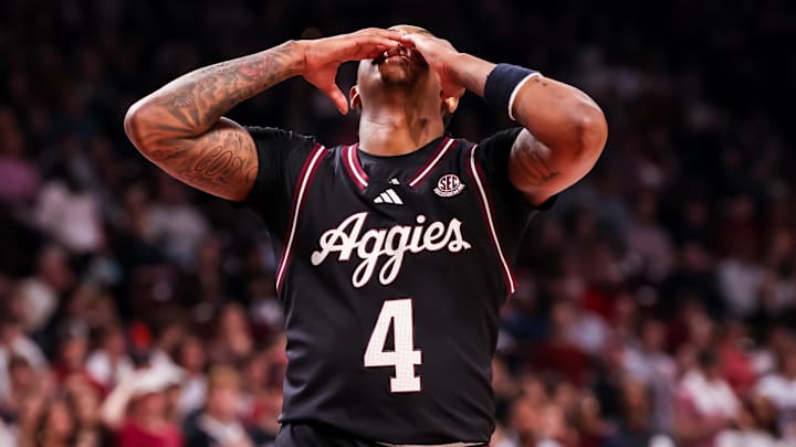 Texas A&M Aggies guard Wade Taylor IV (4) reacts after being called for a foul against the South Carolina Gamecocks in the first half 