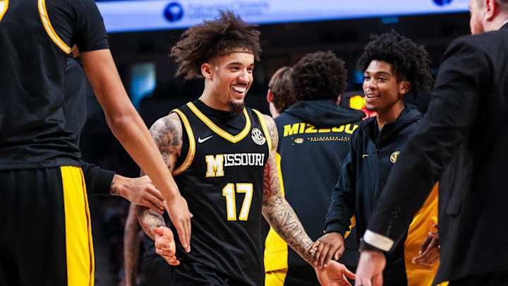 Feb 7, 2026; Columbia, South Carolina, USA; Missouri Tigers guard Jayden Stone (17) celebrates a three point basket against the South Carolina Gamecocks in the first half at Colonial Life Arena. Mandatory Credit: Jeff Blake-Imagn Images