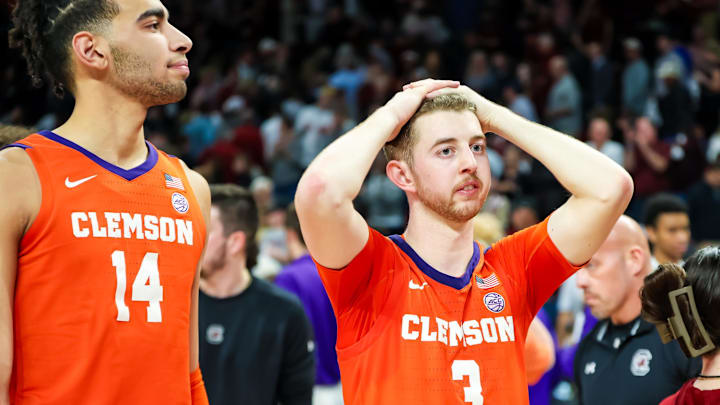 Dec 17, 2024; Columbia, South Carolina, USA; Clemson Tigers guard Jake Heidbreder (3) reacts following South Carolina’s 91-88 overtime win at Colonial Life Arena. Dec 17, 2024; Columbia, South Carolina, USA; Clemson Tigers guard Jake Heidbreder (3) reacts following South Carolina’s 91-88 overtime win at Colonial Life Arena.