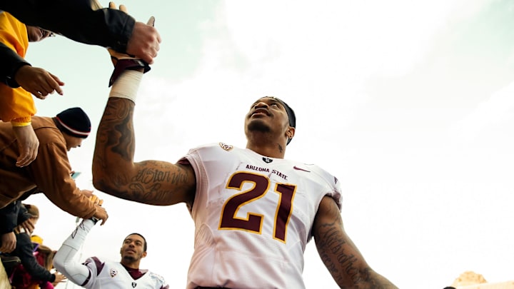 Dec 27, 2014; El Paso, TX, USA; Arizona State Sun Devils wide receiver Jaelen Strong (21) greets fans after defeating the Duke Blue Devils in the 2014 Sun Bowl at Sun Bowl Stadium. The Sun Devils defeated the Blue Devils 36-31. Mandatory Credit: Ivan Pierre Aguirre-Imagn Images