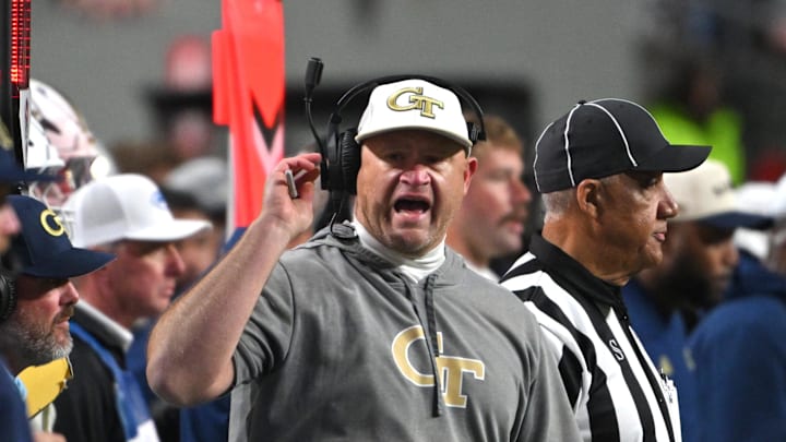 Nov 1, 2025; Raleigh, North Carolina, USA; Georgia Tech Yellow Jackets head coach Brent Key during the fourth quarter against the NC State Wolfpack at Carter-Finley Stadium. Mandatory Credit: Zachary Taft-Imagn Images Nov 1, 2025; Raleigh, North Carolina, USA; Georgia Tech Yellow Jackets head coach Brent Key during the fourth quarter against the NC State Wolfpack at Carter-Finley Stadium. Mandatory Credit: Zachary Taft-Imagn Images