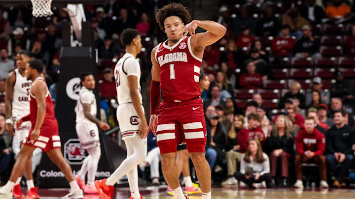 Jan 8, 2025; Columbia, South Carolina, USA; Alabama Crimson Tide guard Mark Sears (1) celebrates a three point basket against the South Carolina Gamecocks in the first half at Colonial Life Arena. Mandatory Credit: Jeff Blake-Imagn Images