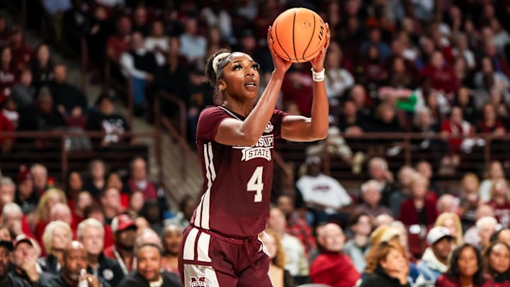 Jan 7, 2024; Columbia, South Carolina, USA; Mississippi State Bulldogs forward Jessika Carter (4) shoots against the South Carolina Gamecocks in the second half at Colonial Life Arena. Mandatory Credit: Jeff Blake-Imagn Images Jan 7, 2024; Columbia, South Carolina, USA; Mississippi State Bulldogs forward Jessika Carter (4) shoots against the South Carolina Gamecocks in the second half at Colonial Life Arena. Mandatory Credit: Jeff Blake-Imagn Images