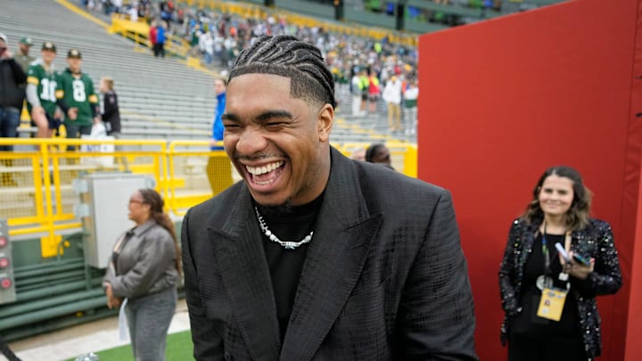 NFL draft prospect, Jihaad Campbell of Alabama, laughs with a reporter during the NFL Draft Red Carpet event at Lambeau Field in Green Bay on Thursday, April 24, 2025. NFL draft prospect, Jihaad Campbell of Alabama, laughs with a reporter during the NFL Draft Red Carpet event at Lambeau Field in Green Bay on Thursday, April 24, 2025.