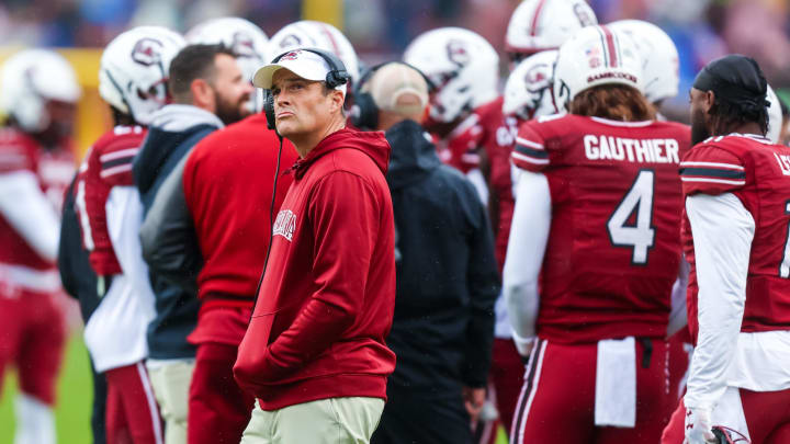 Nov 11, 2023; Columbia, South Carolina, USA; South Carolina Gamecocks head coach Shane Beamer directs his team against the Vanderbilt Commodores in the second quarter at Williams-Brice Stadium. Mandatory Credit: Jeff Blake-USA TODAY Sports
