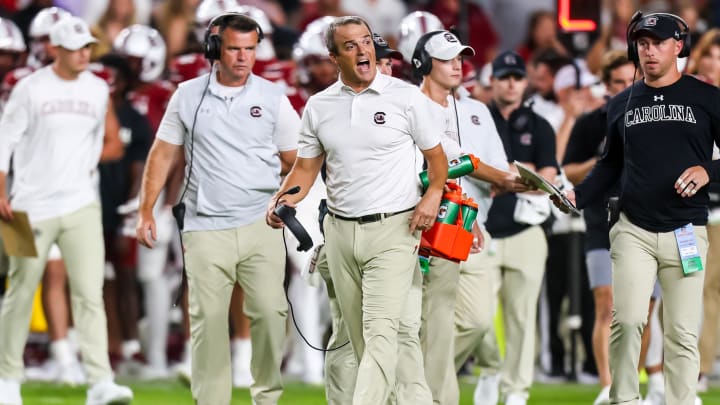 Sep 23, 2023; Columbia, South Carolina, USA; South Carolina Gamecocks head coach Shane Beamer disputes a call against the Mississippi State Bulldogs in the second half at Williams-Brice Stadium. Mandatory Credit: Jeff Blake-USA TODAY Sports