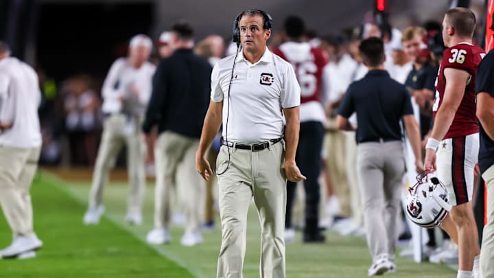 Sep 21, 2024; Columbia, South Carolina, USA;  South Carolina Gamecocks head coach Shane Beamer directs his team against the Akron Zips in the second quarter at Williams-Brice Stadium. Mandatory Credit: Jeff Blake-Imagn Images