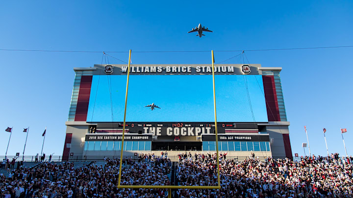 Nov 23, 2024; Columbia, South Carolina, USA;  A military flyover before a game between the South Carolina Gamecocks and the Wofford Terriers at Williams-Brice Stadium. Mandatory Credit: Jeff Blake-Imagn Images