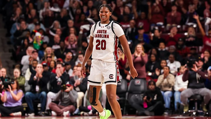 Jan 12, 2025; Columbia, South Carolina, USA; South Carolina Gamecocks forward Sania Feagin (20) celebrates a play against the Texas Longhorns in the first half at Colonial Life Arena. Mandatory Credit: Jeff Blake-Imagn Images Jan 12, 2025; Columbia, South Carolina, USA; South Carolina Gamecocks forward Sania Feagin (20) celebrates a play against the Texas Longhorns in the first half at Colonial Life Arena. Mandatory Credit: Jeff Blake-Imagn Images