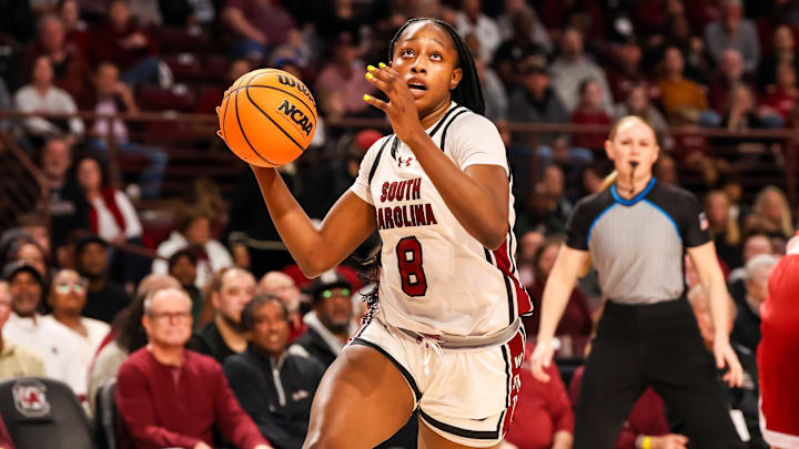 Jan 19, 2025; Columbia, South Carolina, USA; South Carolina Gamecocks forward Joyce Edwards (8) drives against the Oklahoma Sooners in the first half at Colonial Life Arena. Mandatory Credit: Jeff Blake-Imagn Images