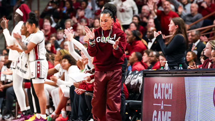 Jan 24, 2025; Columbia, South Carolina, USA; South Carolina Gamecocks head coach Dawn Staley reacts to a play against the LSU Lady Tigers in the second half at Colonial Life Arena. Mandatory Credit: Jeff Blake-Imagn Images Jan 24, 2025; Columbia, South Carolina, USA; South Carolina Gamecocks head coach Dawn Staley reacts to a play against the LSU Lady Tigers in the second half at Colonial Life Arena. Mandatory Credit: Jeff Blake-Imagn Images