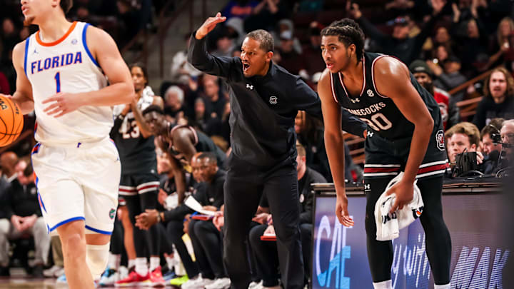Jan 22, 2025; Columbia, South Carolina, USA; South Carolina Gamecocks head coach Lamont Paris directs his team against the Florida Gators in the second half at Colonial Life Arena. Mandatory Credit: Jeff Blake-Imagn Images Jan 22, 2025; Columbia, South Carolina, USA; South Carolina Gamecocks head coach Lamont Paris directs his team against the Florida Gators in the second half at Colonial Life Arena. Mandatory Credit: Jeff Blake-Imagn Images