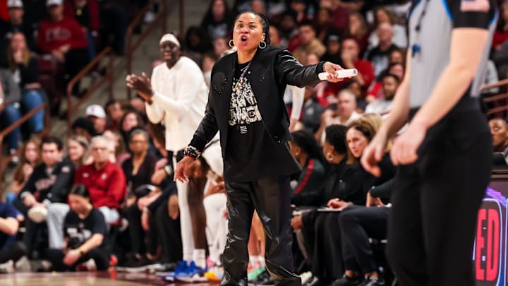 Feb 16, 2025; Columbia, South Carolina, USA; South Carolina Gamecocks head coach Dawn Staley directs her team against the UConn Huskies in the first half at Colonial Life Arena. Mandatory Credit: Jeff Blake-Imagn Images